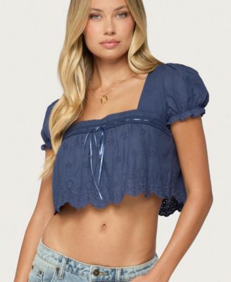 Women's Joeli Short-Sleeve Square Neck Cotton Eyelet Crop Top