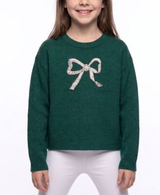 Girls' 7-16 Embroidered-Bow Crewneck Long-Sleeve Sweater