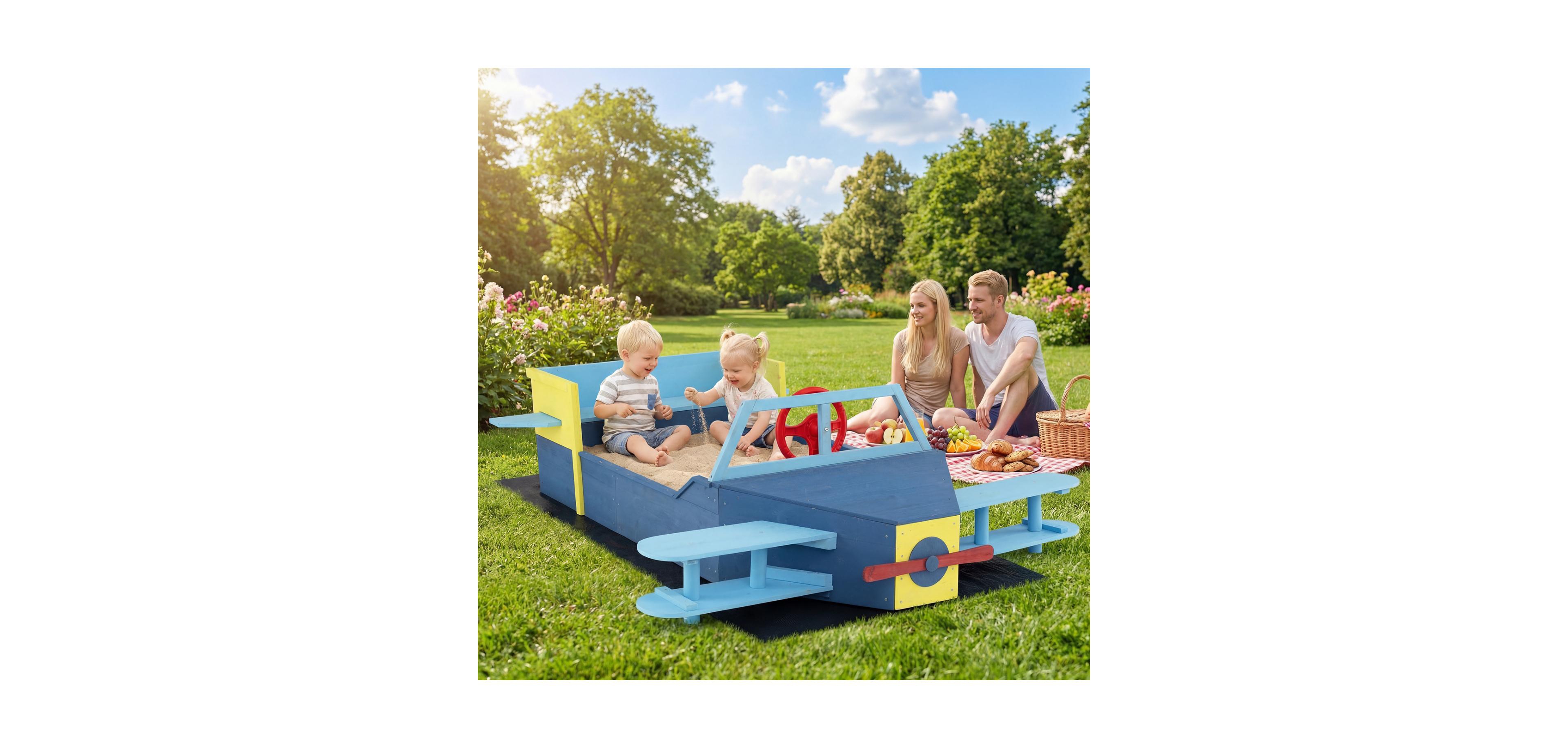 Hongge Wooden Kids Sandbox with Glider Design and Bench Seat, Ages 18 Months+