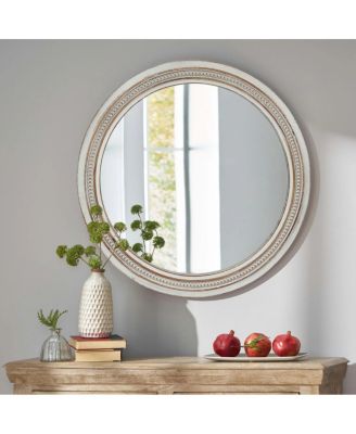 Vintage Round Wall Mirror with Distressed Frame and Beaded Trim, Farmhouse Decorative Mirror for Bathroom and Living Room