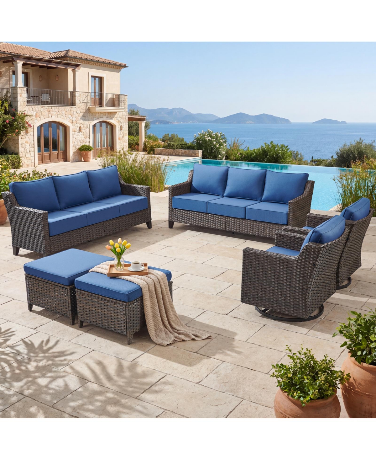 Pocassy Horiz 6-Piece All-Weather Wicker Patio Furniture Set with 2 Sofas, Swivel Rocking Chairs and Ottomans, Outdoor Rattan Conversation Set - Blue