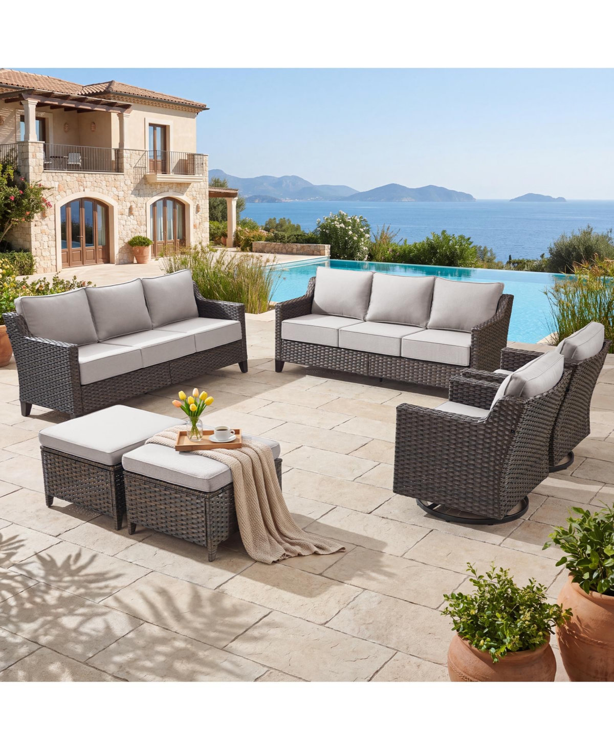 Pocassy Horiz 6-Piece All-Weather Wicker Patio Furniture Set with 2 Sofas, Swivel Rocking Chairs and Ottomans, Outdoor Rattan Conversation Set - Beige