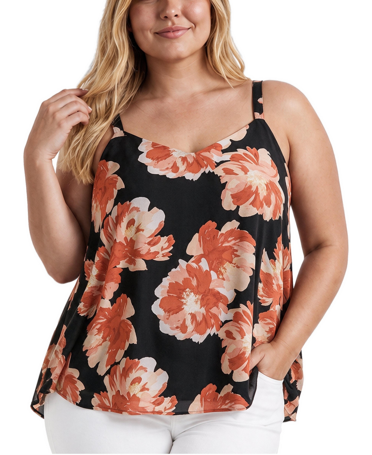 Torrid Plus Size Sophie V-Neck Swing Chiffon Camisole - Showering peonies floral black