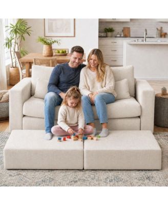 Modular Convertible Chenille Sectional Sofa, Multi-Functional Compression Floor Couch with Ottoman for Living Room