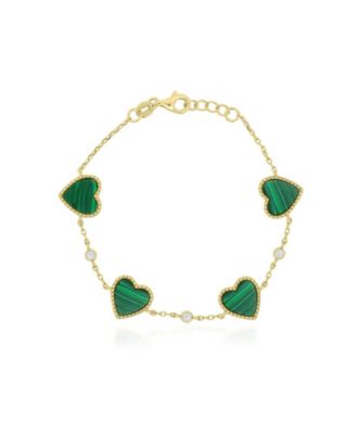 Malachite Heart and Cubic Zirconia Bracelet in 14k Gold-Plated Sterling Silver