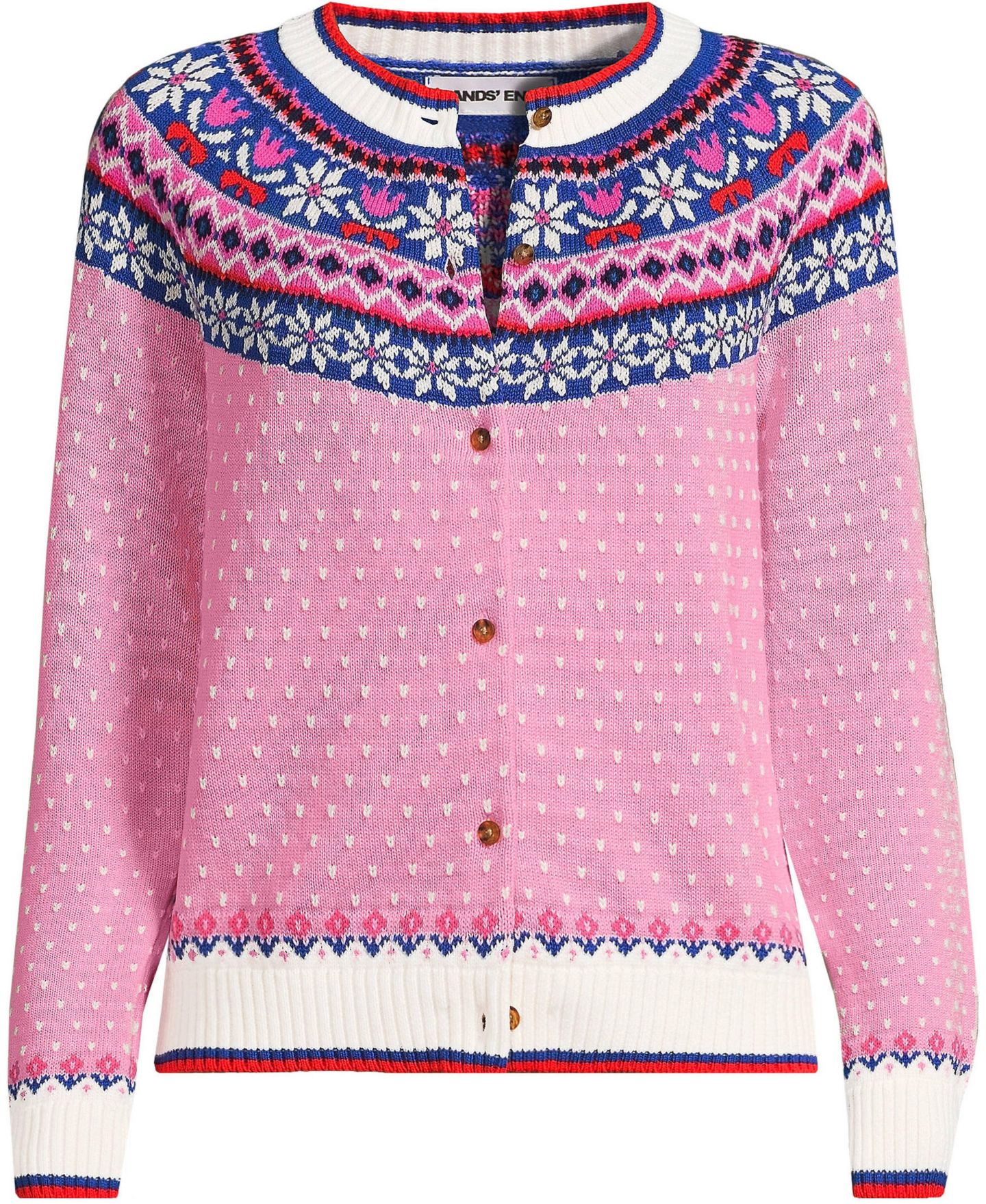 Женский кардиган Lands' End Drifter Fair Isle Raglan-Sleeve Cardigan, цвет: Розовый / Слоновая кость с принтом — фото 4