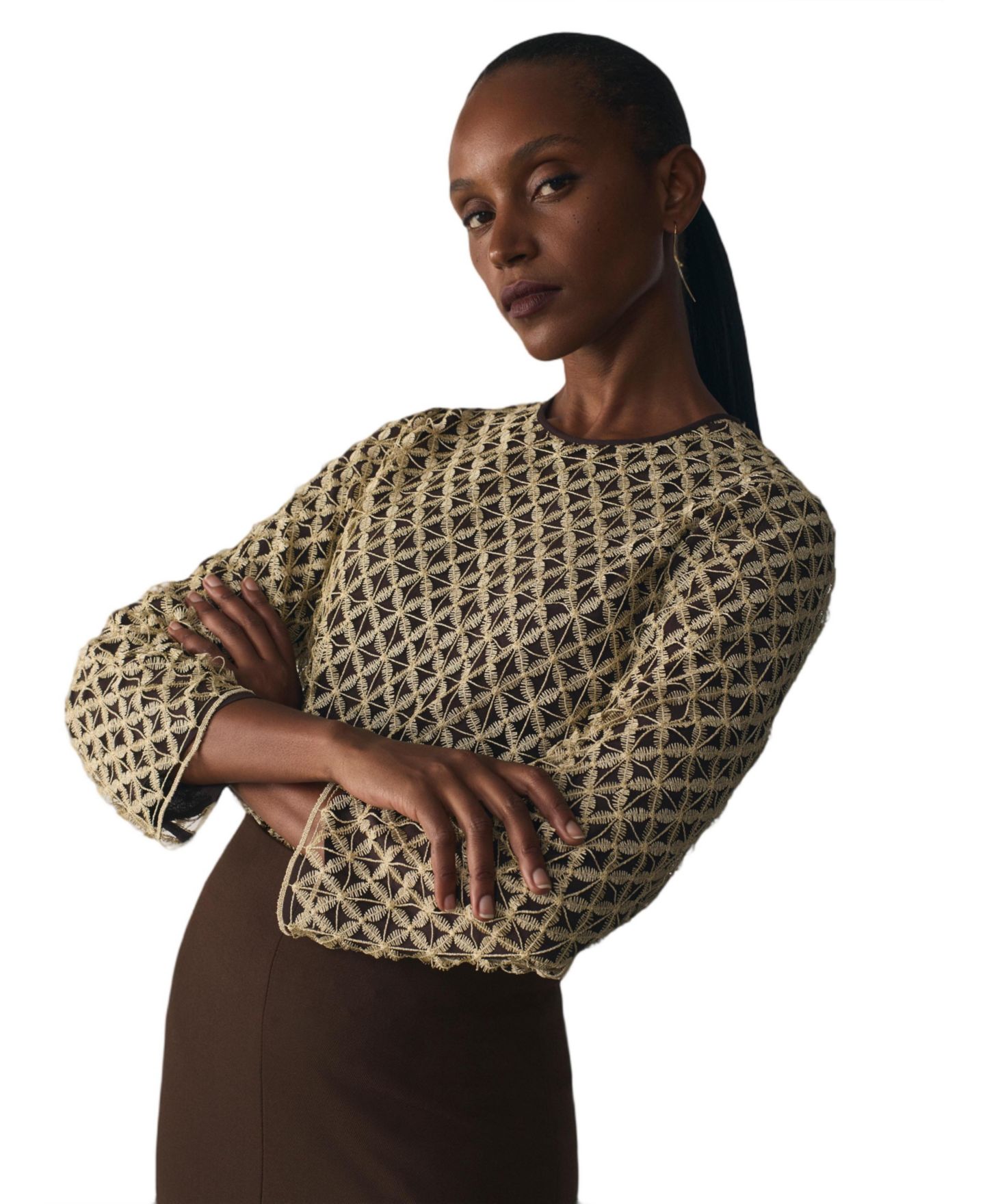 Женская блузка The Fold Meridian Sheer Long-Sleeve Lace, цвет: Золотой — фото 6