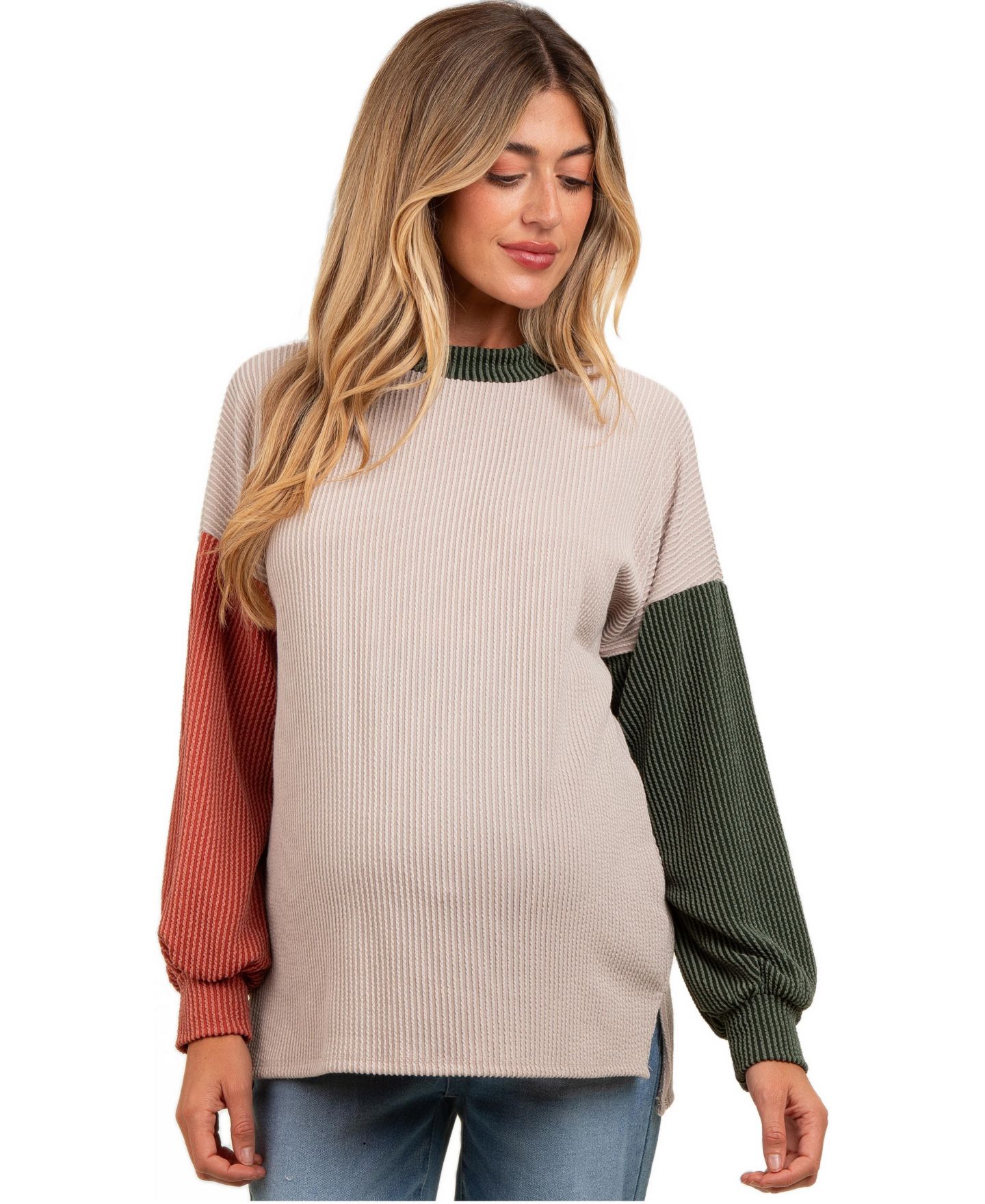 Женский топ Pinkblush Maternity Ribbed Colorblock Long-Sleeve Side Slit, цвет: Серо-коричневый — фото 2