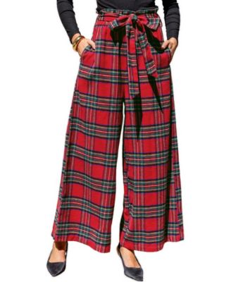 Women's Plaid Paperbag Waist Tie Front Wide Leg Pants