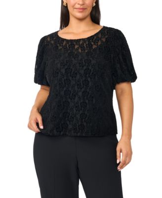 Plus Size Puff-Sleeve Crewneck Lace Blouse