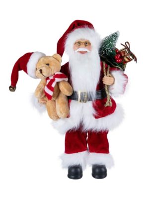 Traditional Santa Claus 12" Christmas Figure with Teddy Bear and Gift Bag