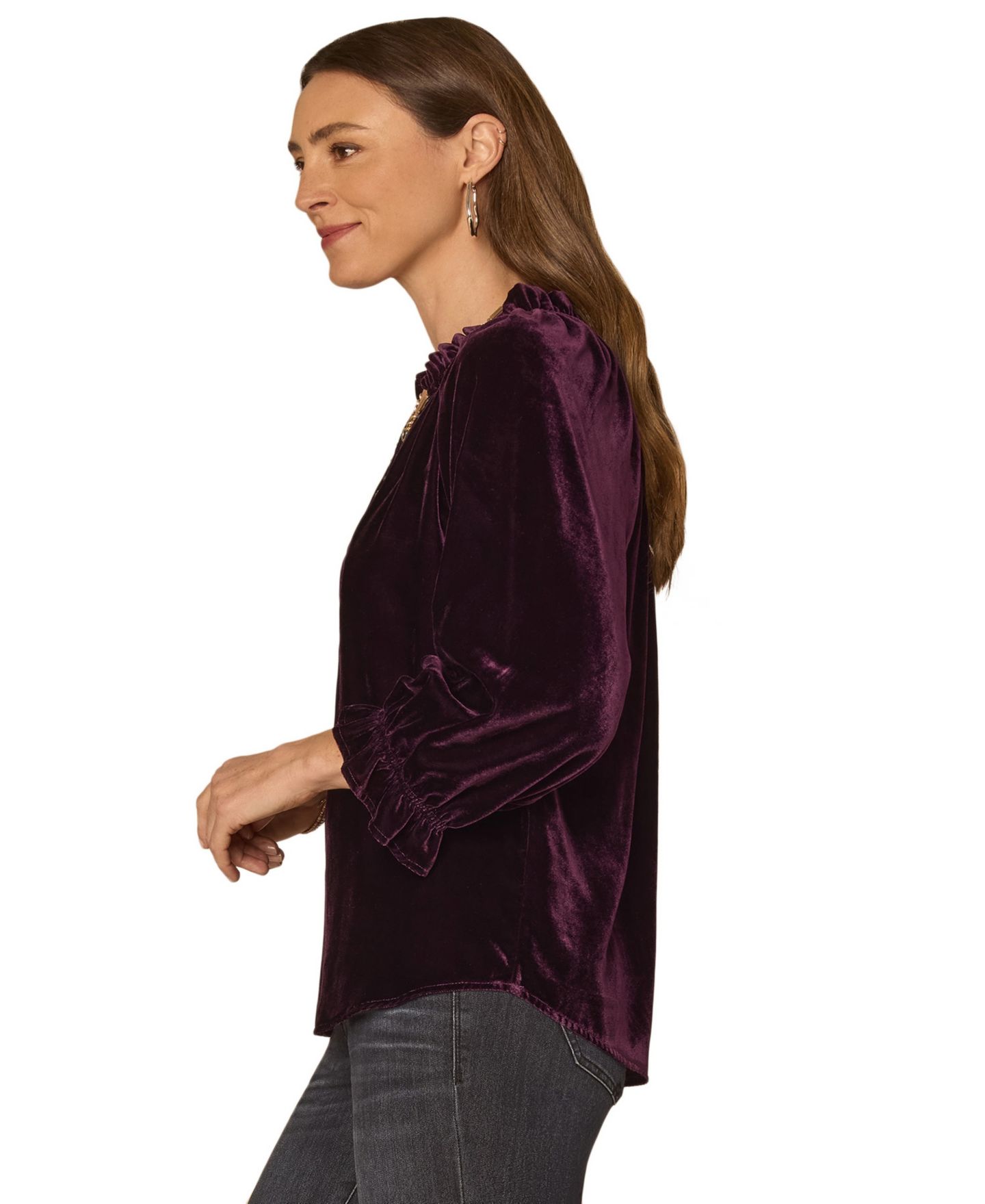Женская блузка Democracy 3/4-Sleeve Velvet Split Neck, цвет: Баклажановый — фото 2