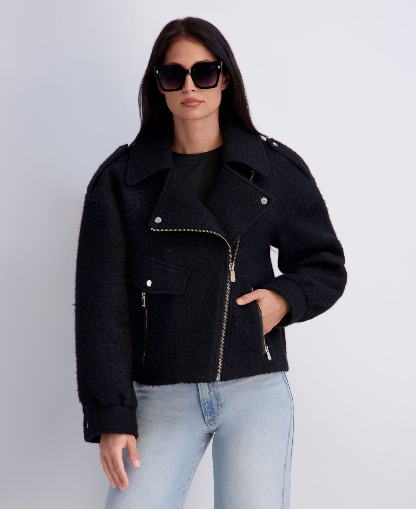 Женская куртка Kensie Short Boucle Asymmetrical Motorcycle, цвет: Чёрный — фото 4
