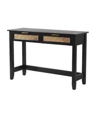 Wooden Console Table with Woven Rattan-Accent Drawers with Storage