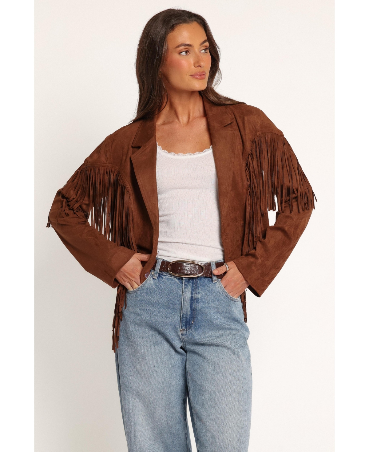Petal and Pup Women's Kara Fringe Cropped Faux Suede Jacket - Chocolate brown