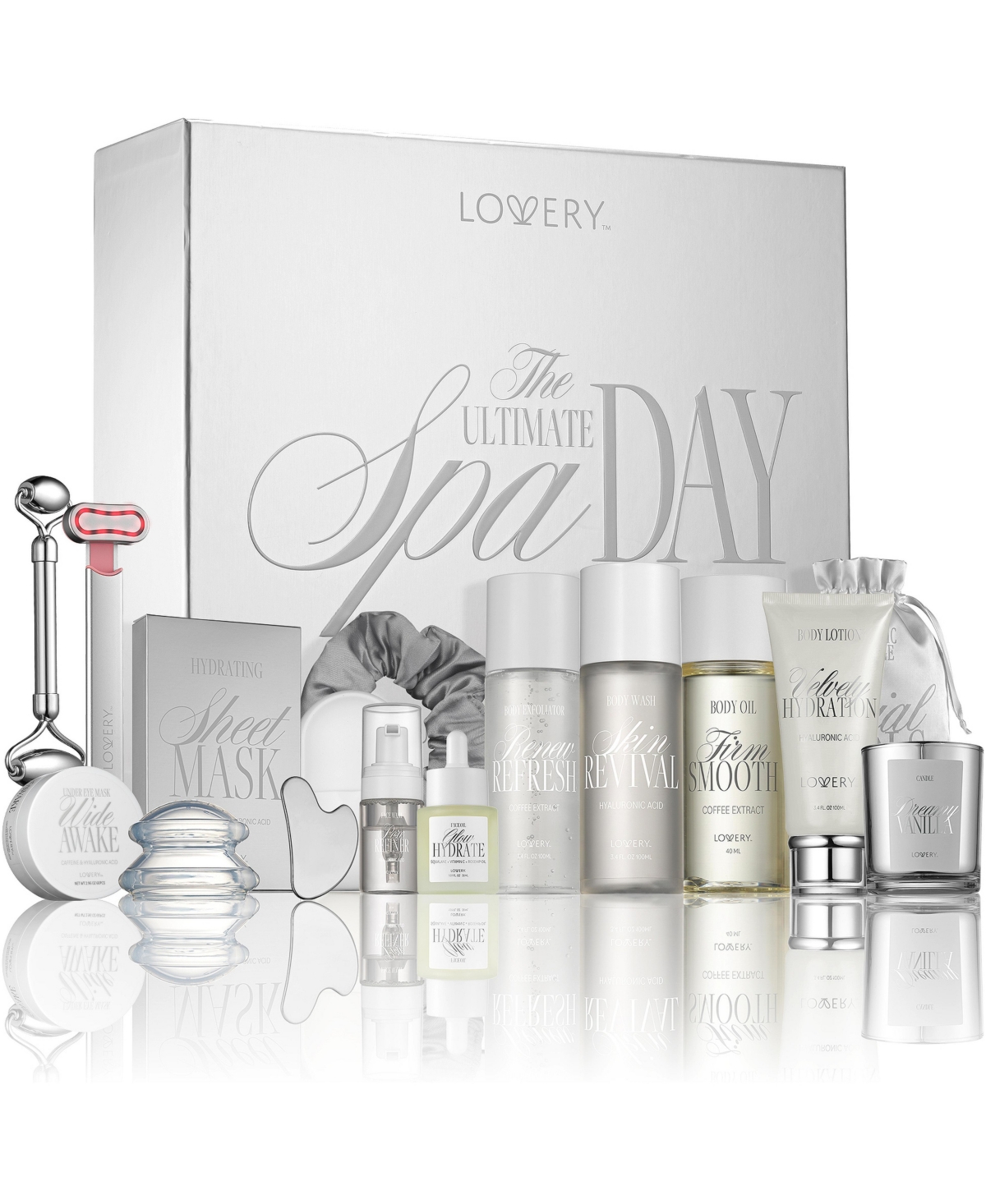 Lovery The Ultimate Spa Day Premium Gift Set 16-piece self-care kit with red light therapy wand, stainless steel Gua Sha, Facial Roller - Silver