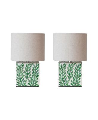 Wood and Shell Table Lamp with Botanical Pattern and Linen Shade, Set of 2