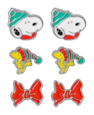 Snoopy and Woodstock Christmas Stud Earrings, 3-Pair Set