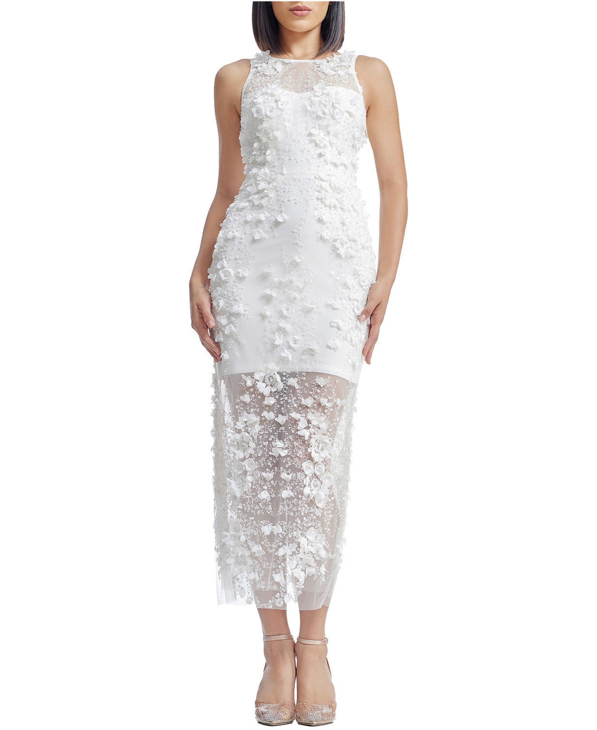 Dress the Population Women's Helena High Neck 3D Floral Applique Midi Dress - White