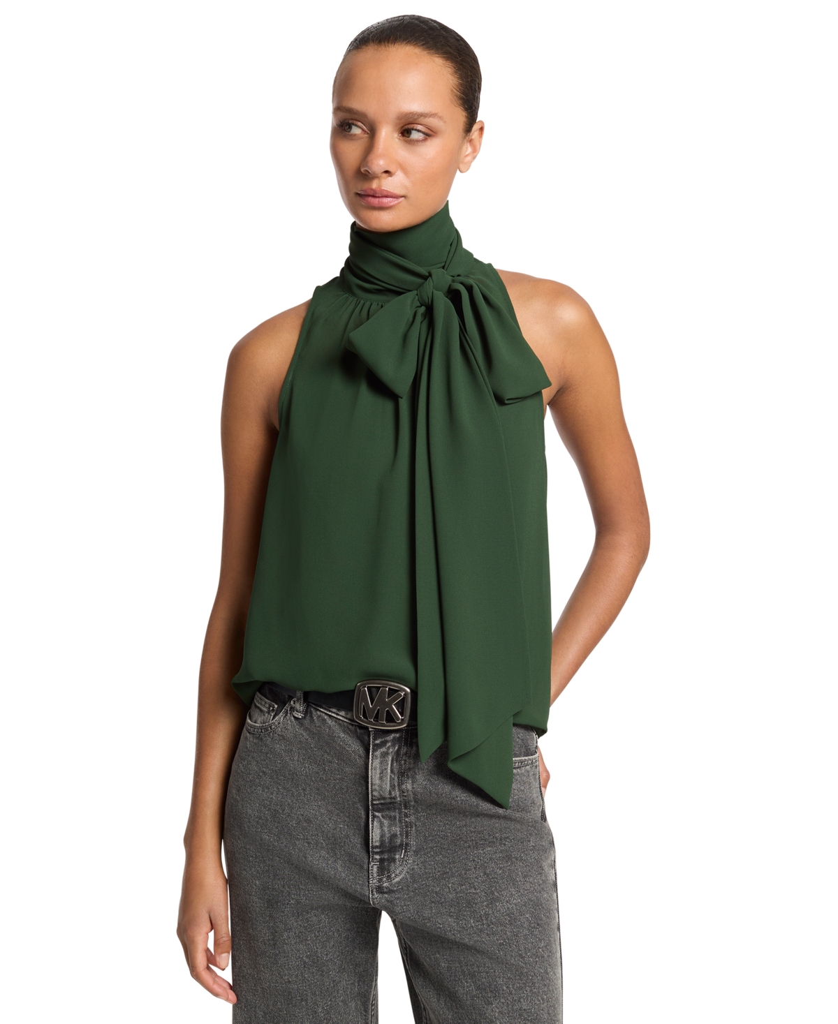 Michael Kors Women's Sleeveless Keyhole Scarf Collar Blouse - Dark Moss
