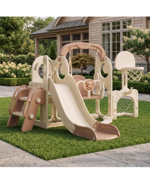 Детские игрушки homfan 5 in 1 Star Moon Design Large Toddler Slide and Swing Set with Basketball, Soccer & Ring Toss, 2–8 лет, цвет: Коричневый