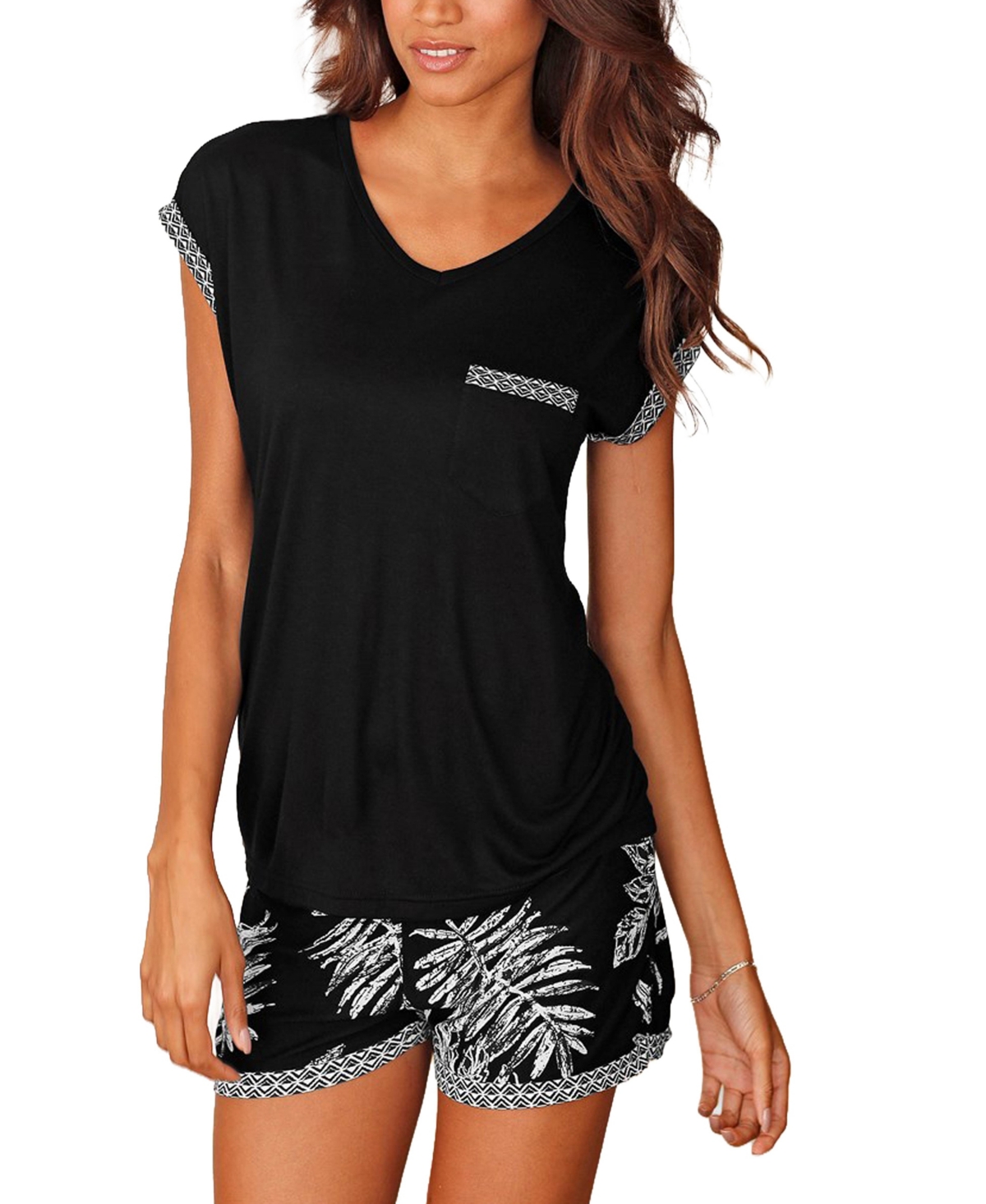 Lascana Women's Tropical-Print Short Pajama Set - Black