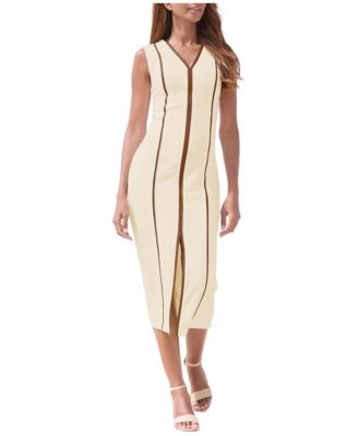 Women's Faux-Leather-Trim V-Neck Midi Dress