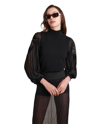 Women's BAL Mock Turtleneck Sheer Pleated Long-Sleeve Top