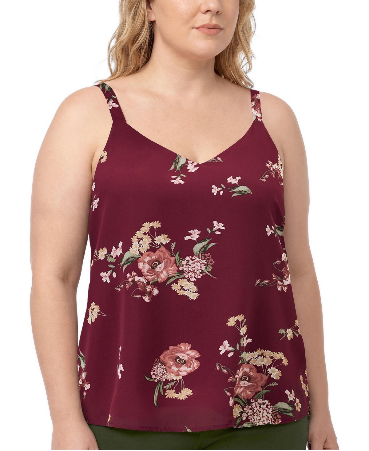 Torrid Plus Size Sophie V-Neck Swing Chiffon Camisole - Fall bouquet floral burgundy