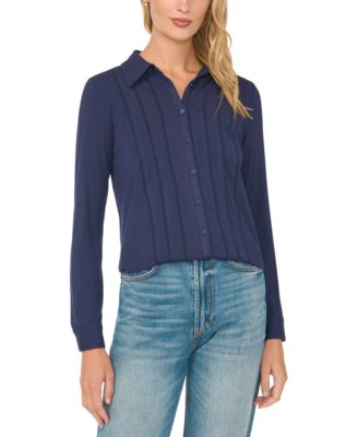 Women's Scalloped Button-Up Collared Long-Sleeve Blouse