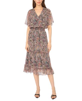 Women's V-Neck Paisley-Print Smock Waist Tiered Midi Dress with Flowy Sleeves