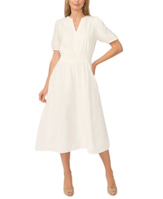 Women's Puff-Sleeve Smocked-Waist V-Neck Midi Dress