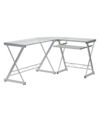 L-Shaped Clear Glass Top Computer Desk, Pull-Out Keyboard Shelf And Cpu Caddy