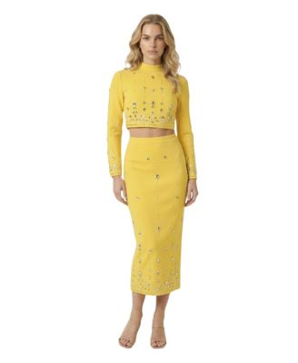 Women's Crystal-Embellished Long-Sleeve High-Neckline Crop Top and Midi Skirt, 2-Piece Set
