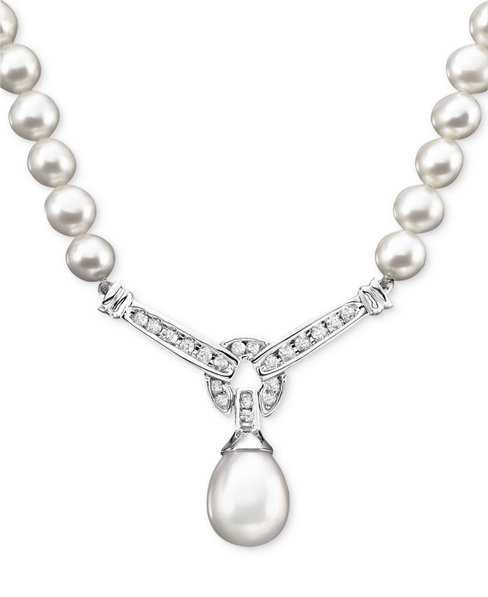Macy's - 14k White Gold Necklace, Cultured Freshwater Pearl and Diamond (1/3 ct. t.w.) Necklace