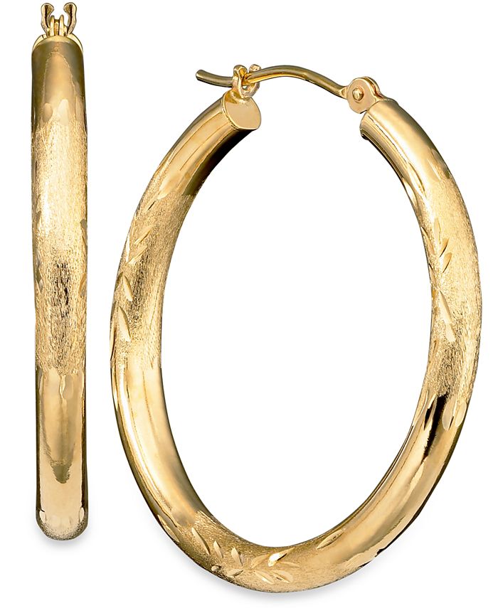 Diamond Fascination 10k Gold Earrings, Polished Engraved Hoop - Macy's