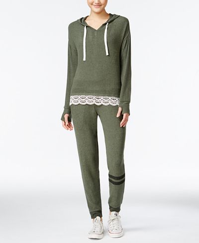 Hippie Rose Juniors' Crochet-Trim Hoodie & Jogger Pants