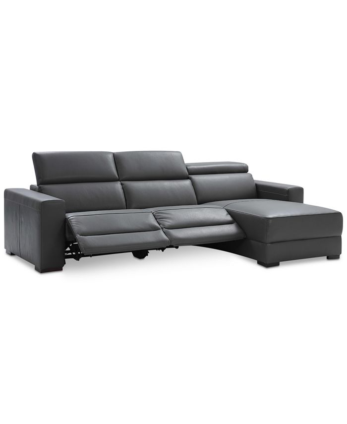 Furniture Nevio 115" 3pc Leather Sectional Sofa with Chaise, 2 Power