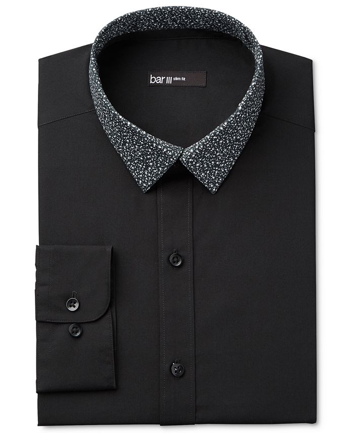Bar III - Men's Interchangeable Collar Fitted Black Night Sky Print Dress Shirt, Only at Macy's