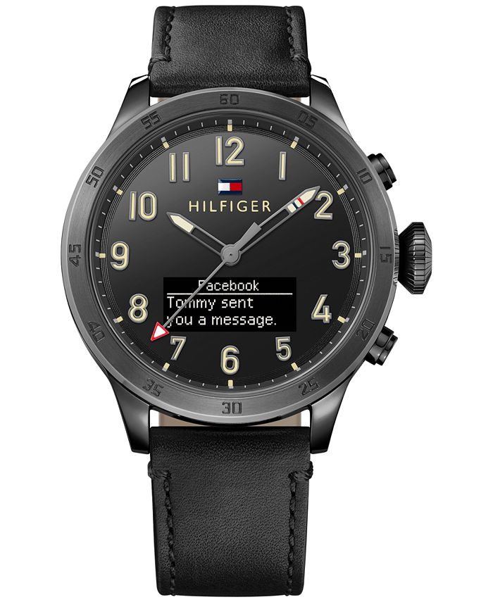 Tommy Men's Analog-Digital Black Leather Strap Smart Watch 46mm -