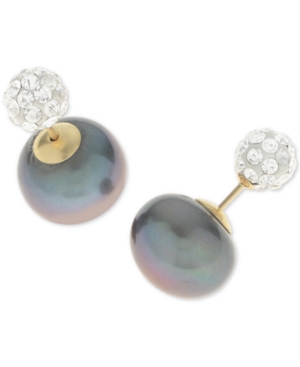 image of Dyed Black Cultured Freshwater Pearl (11mm) and Crystal Pave Ball Front and Back Earrings in 14k Gold