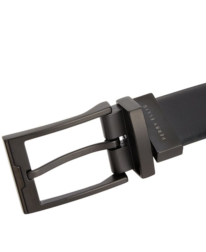 Perry Ellis Portfolio Men's Matte Black Reversible Buckle Leather Belt