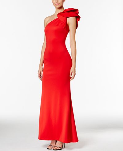 Betsy & Adam Ruffled One-Shoulder Scuba Gown - Dresses ...