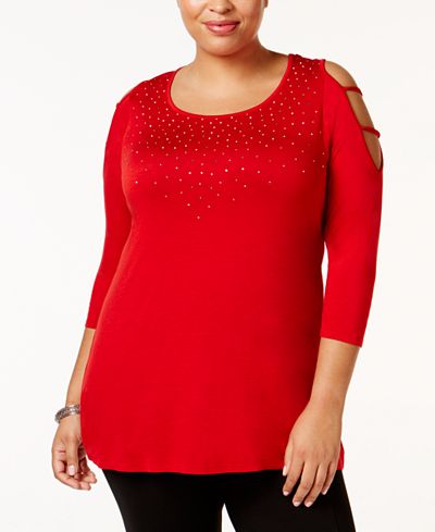Belldini Plus Size Embellished Cold-Shoulder Tunic