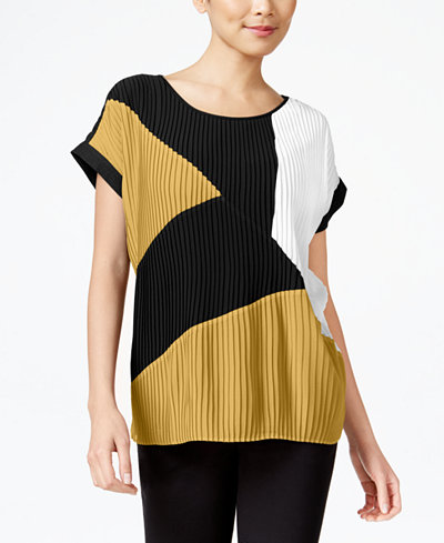 NY Collection Mixed-Media Pleated Top