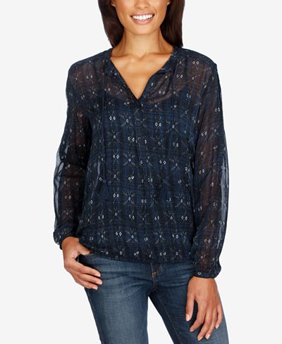 Lucky Brand Sheer Printed Peasant Blouse