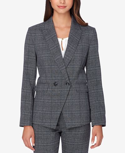 Tahari ASL Double-Breasted Plaid Jacket