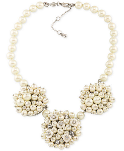 Carolee Silver-Tone Imitation Pearl and Crystal Cluster Necklace