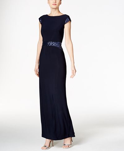 Betsy & Adam Sequined Cowl-Back Gown