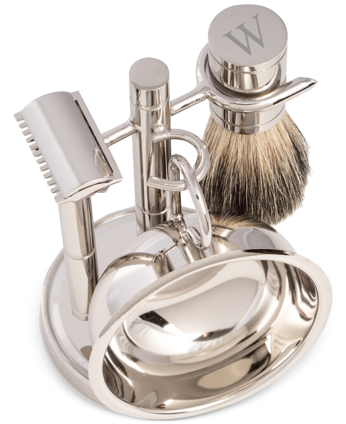 Bey-Berk Men's Chrome Monogrammed Safety Razor & Brush Set - 'W'